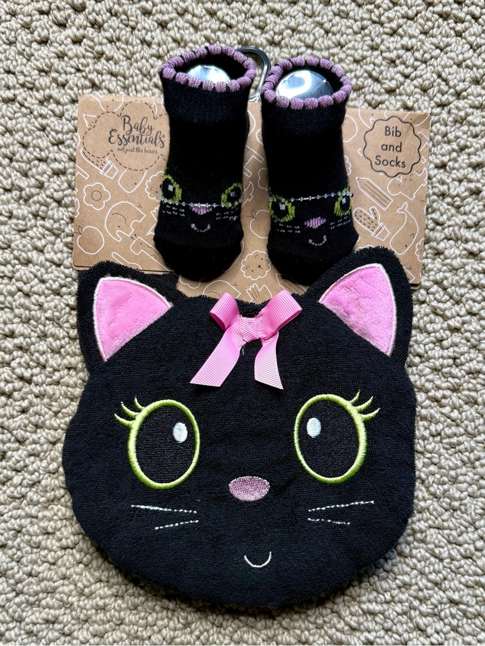 *NWT* Baby Essentials Black Cat Bib and Sock Set, Size 0-6M